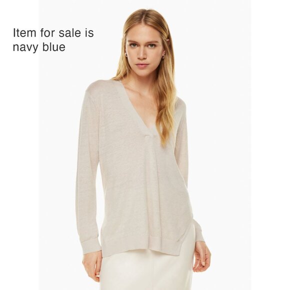 Aritzia Babaton V-Neck Midcentury 100% Linen Sweater – Navy – US Small - Picture 14 of 16